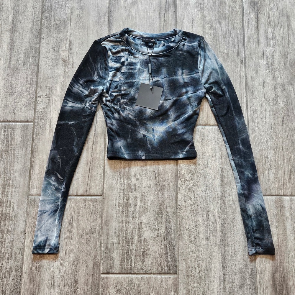 JLUXLABEL Crop Top Size S Black Tie Dye Long Sleeve NEW Edgy Grunge Streetwear